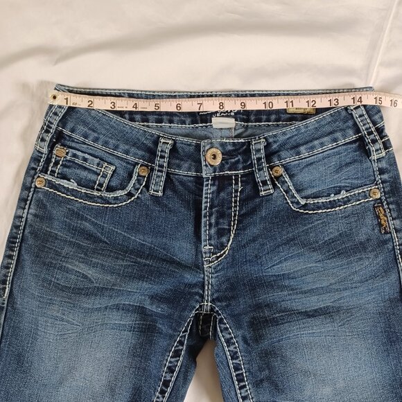 Silver Jeans Aiko Bootcut Lowrise Dark Wash Distressed Thick Stitch Size 29x33 - Picture 11 of 13